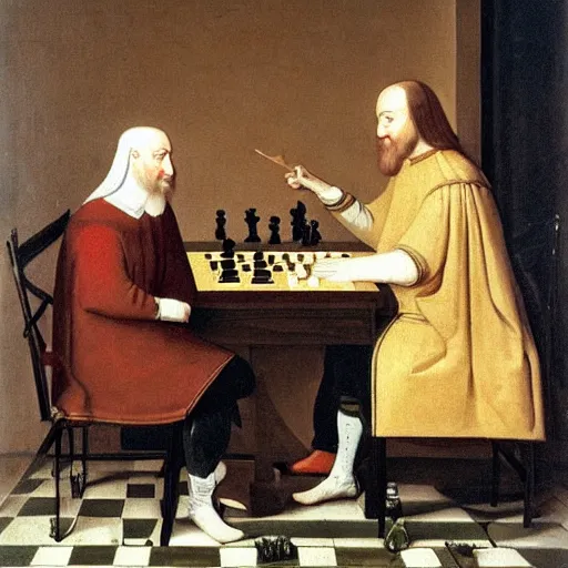 Image similar to portrait painting of a medieval King playing chess by George Stubbs, oil painting, old master, masterpiece