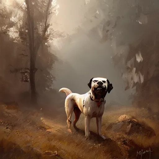 Image similar to a painting of a dog, greg rutkowski, cinematic lighting, hyper realistic painting