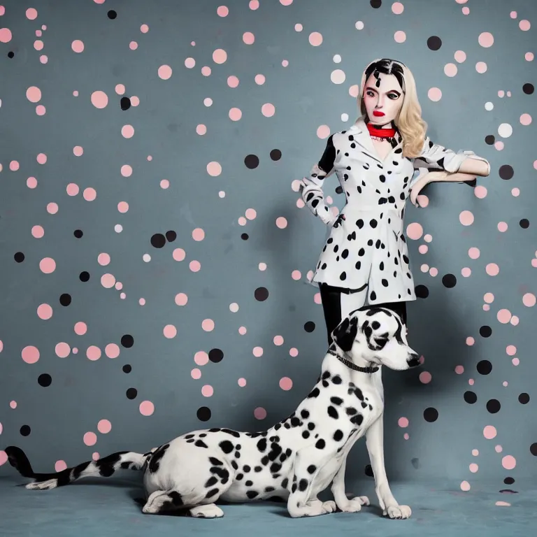 Image similar to vogue photoshoot octane render portrait of 1 0 1 dalmatian with white background, focus bright colorful pastel exotic vintage boutique hotel lounge, very short depth of field, bokeh