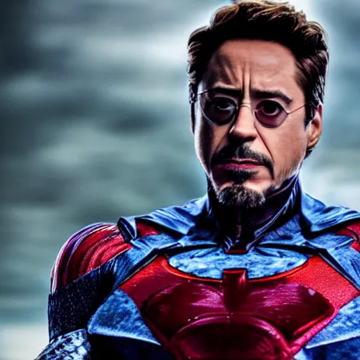 Image similar to robert downey jr in batman suit, portrait hd, still from justice league 4 k