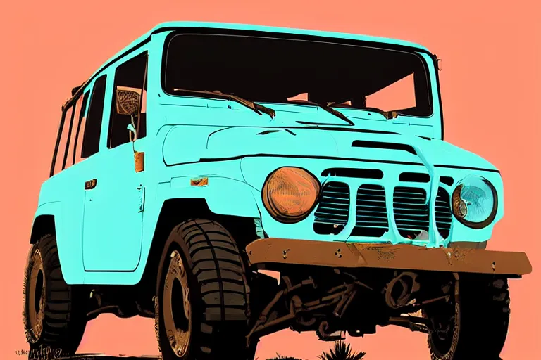 Image similar to digital illustration of a faded cyan mad max's fj 4 0 decrepit!!!! pursuit special, rusty!!! nissan fj cruiser heavily modded 1 9 9 0 s, the last v 8 interceptor by makoto shinkai, ilya kuvshinov, lois van baarle, rossdraws, basquiat