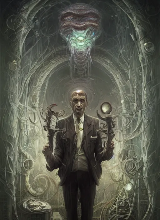 Image similar to lovecraft biopunk portrait of rowan sebastian atkinson by tomasz alen kopera and peter mohrbacher