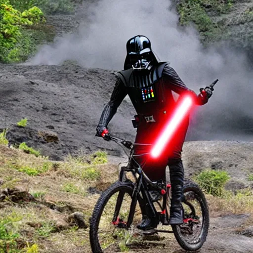 Image similar to darth vader riding a mountain bike through an active volcano