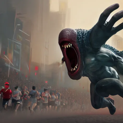 Image similar to HD, strange stock photo of a cyclops monster running a marathon, CGsociety, 3dcg, trending on ArtstationHD, artstation, highly detailed, rendered image