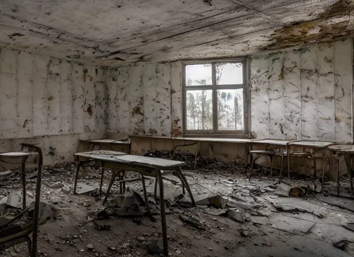 Prompt: Abandoned Soviet classroom in Pripyat with fading propaganda murals by Robby MUller