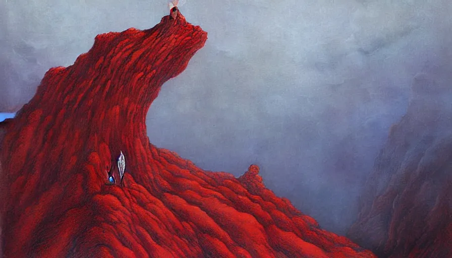 Image similar to landscape artwork of veiled red skeletal angel climbing over a mountain, artwork by zdzislaw beksinski