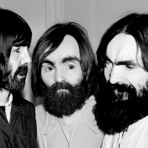 Prompt: Charles Manson as the fifth member of the Beatles