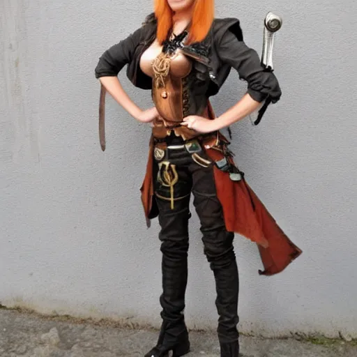 Image similar to full body photo of a skinny female steampunk warrior