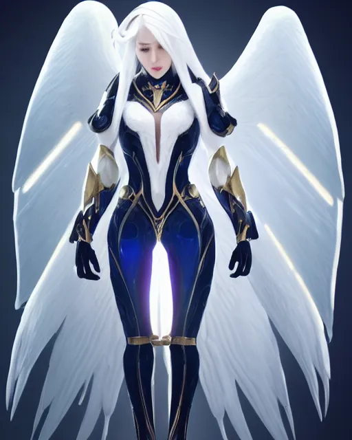 Image similar to perfect white haired attractive egyptian goddess with huge white dove wings, warframe armor, beautiful, symmetric, dreamy, half asian, pretty face, blue eyes, detailed, scifi platform, laboratory, experiment, 4 k, ultra realistic, epic lighting, android body, illuminated, cinematic, masterpiece, art by akihito tsukushi, voidstar