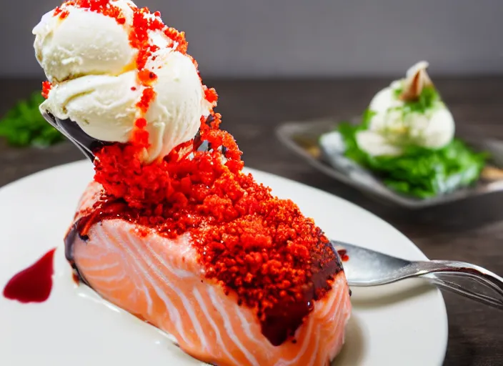 Image similar to dslr food photograph of ice cream sundae topped with salmon roe and wasabi drizzle, 8 5 mm f 1. 8