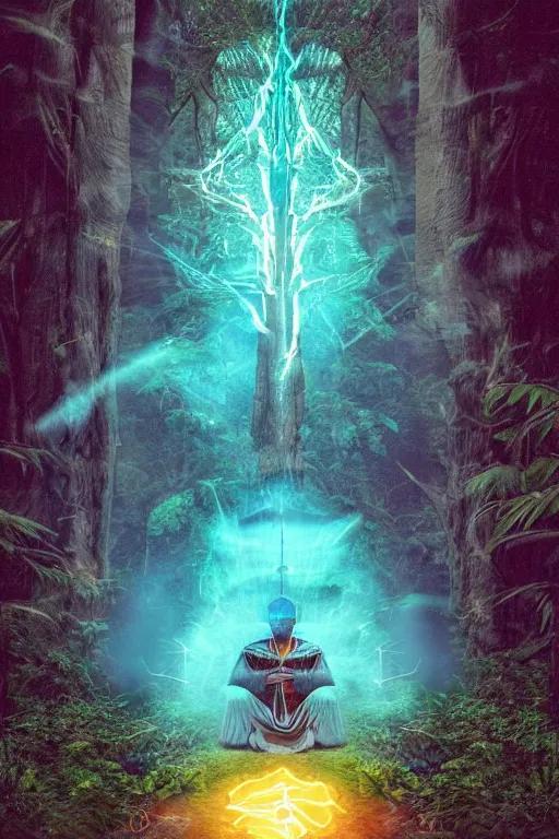 Image similar to photorealistic photo of an aztec sorcerer casting a powerful spell in a dark forest, ultra hd, hd, 4 k, highly detailed, small details, vaporwave colors, faded effect, 9 0 s vibe, detailed face, perfect face, realistic, national geographic cover,