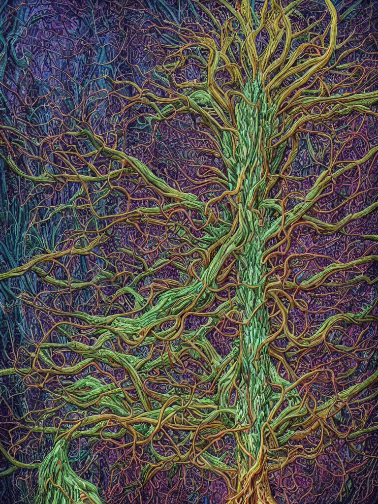 Prompt: A hyperrealistic mixed media relief of a tree growing from a network of hyphae, nerves, slime mold, and rhizomorphic fungus. Shaped like roots and neurons. Lush botanical, colorful, surreal. By Dan Mumford and Jacek Jerka and Karol Bak.