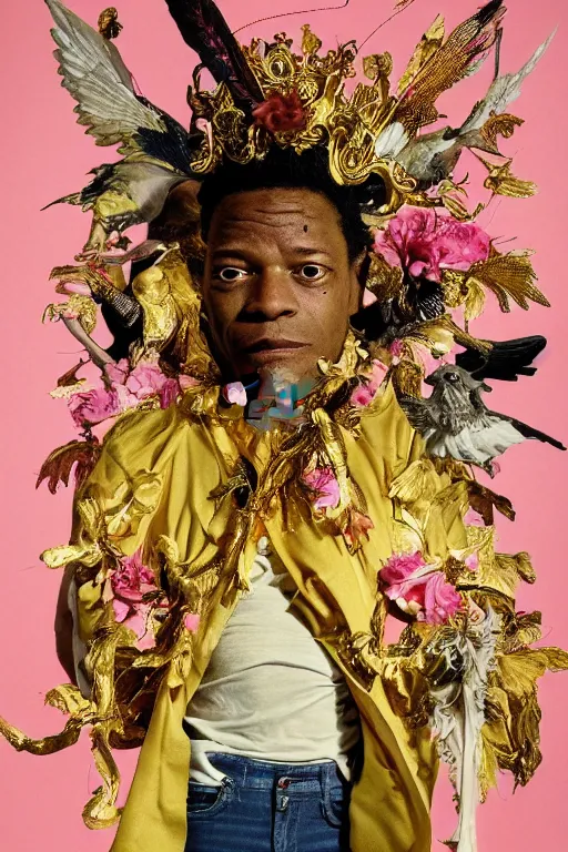 Image similar to Jean-Michel Basquiat as a full-body golden baroque statue of Icarus in the posing like a bird for flight, crown of peach roses, flowing pink-colored silk, fabric, flowers. baroque elements, human skull. full-length view. baroque element. intricate artwork by caravaggio. many many birds birds on background. Trending on artstation. halo. octane render, cinematic, hyper realism, octane render, 8k, depth of field, 3D