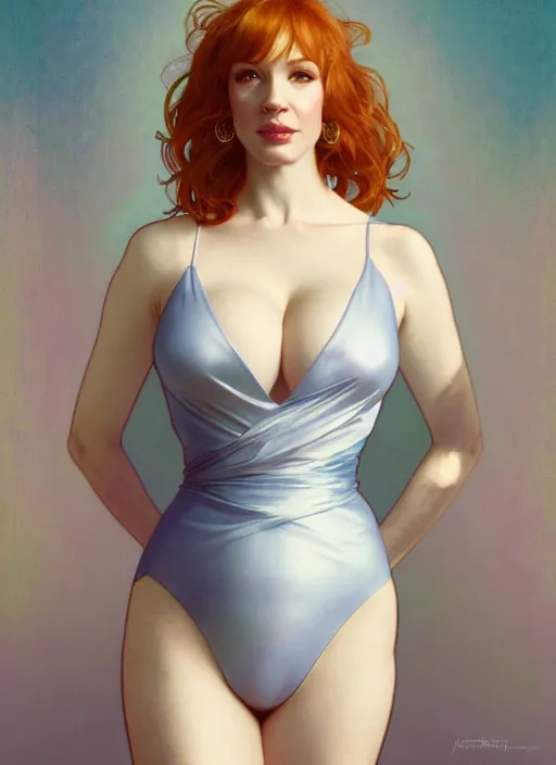 Image similar to full body portrait of christina hendricks in elegant leotard portrait by artgerm and greg rutkowski and alphonse mucha, trending on artstation, cinematic light, pastel colors, volumetric shading, high radiosity dull skin, global illumination, radiant light, soft light, soft color dodge, subsurface scattering