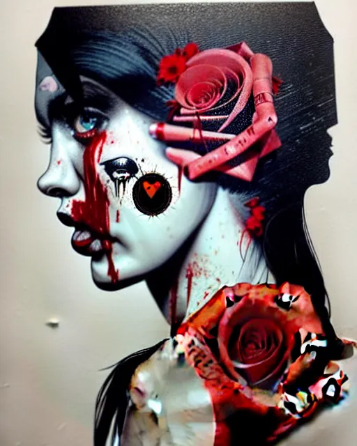 Image similar to horror with blood, rose and a pistol with sea and ocean in the background intricate details side profile by Sandra Chevrier