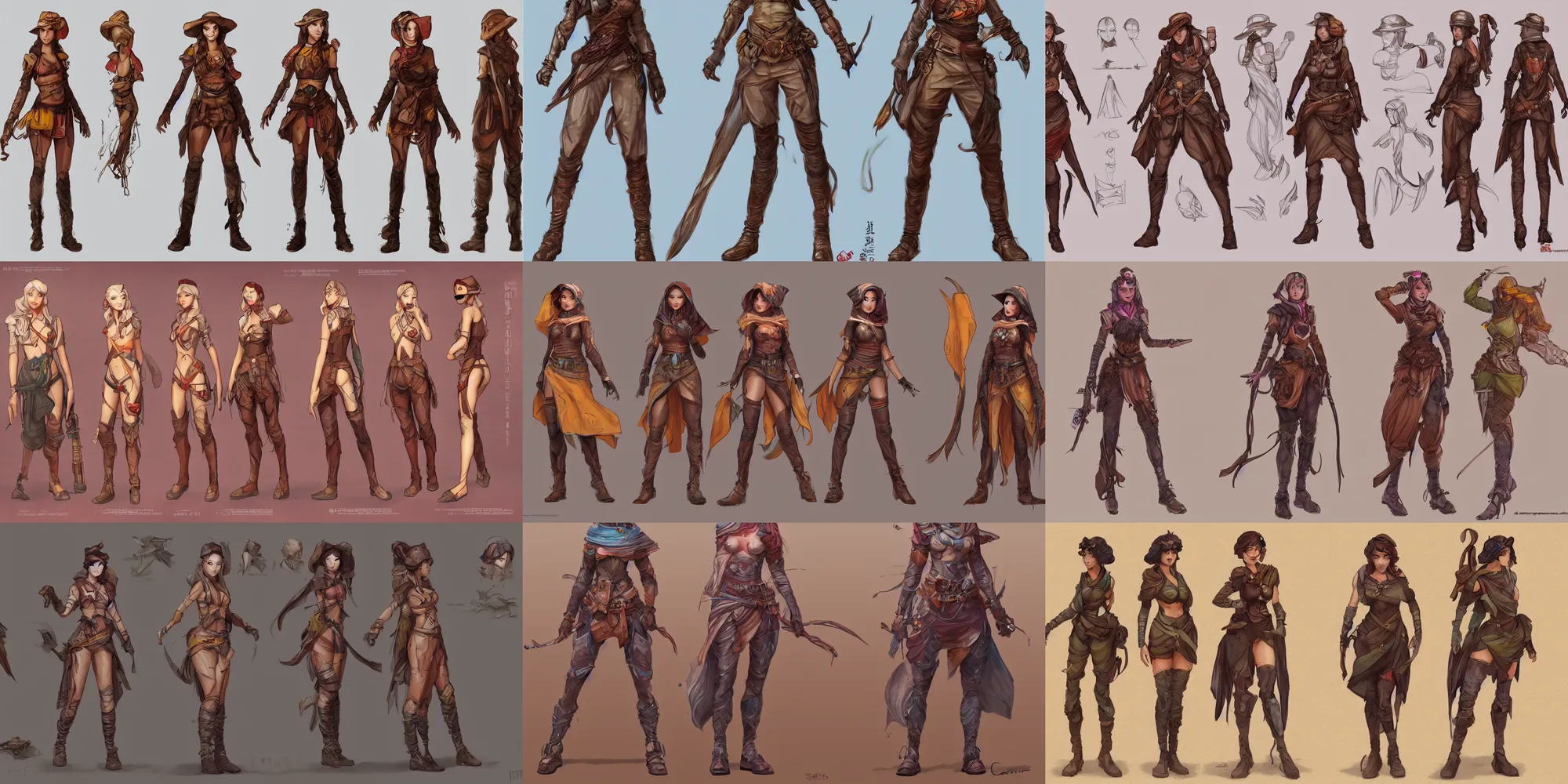 Prompt: character sheet, concept art, mid 2 0's female, colorful desert scavenger outfit, by qui fang and artgerm, wlop