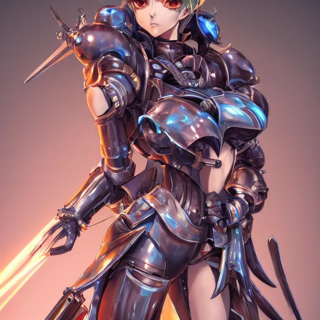 Image similar to studio portrait of lawful good colorful female holy mecha paladin absurdly beautiful, elegant, young cute anime girl, ultrafine hyperrealistic detailed face illustration by kim jung gi, irakli nadar, intricate linework, sharp focus, bright colors, matte, octopath traveler, final fantasy, unreal engine highly rendered, global illumination, radiant light, intricate environment