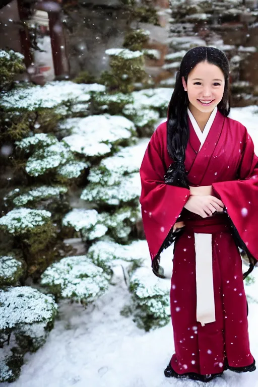 Image similar to full-length photo of real life Katara from Avatar, smiling, looking at camera in snowy winter, wearing kimono