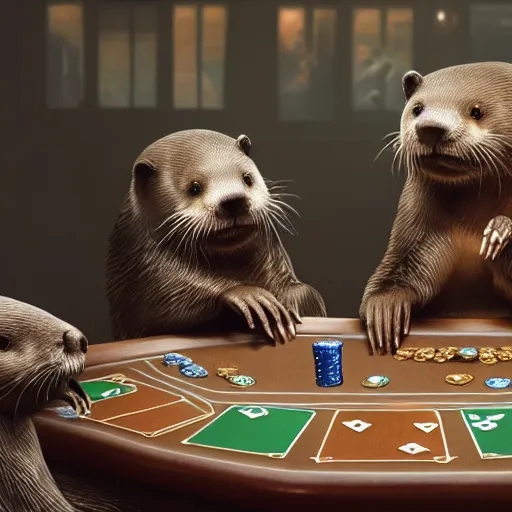 Image similar to otters playing poker, hyper detailed, dramatic lighting, cgsociety, realistic, hyper detailed, insane details, intricate, dramatic lighting, hypermaximalist, golden ratio, rule of thirds, octane render, weta digital, micro details, ultra wide angle, artstation trending, 8 k,