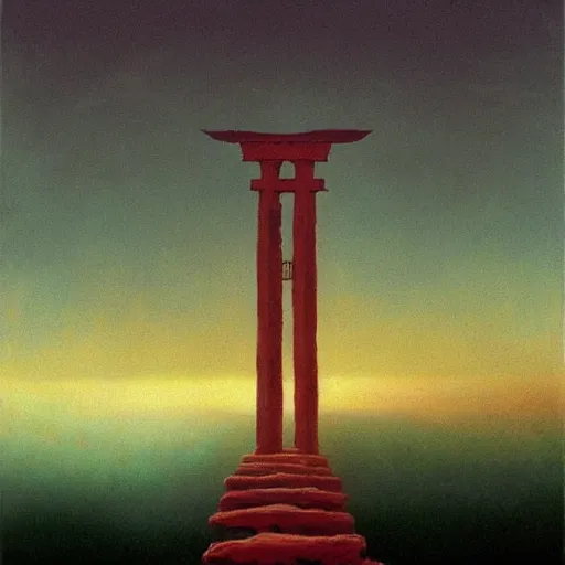 Image similar to A beautiful painting of A Torii over a plain,sunset,dim by Zdzisław Beksiński and Ilya Repin,In style of Post-Apocalyptic.digital art, illustration,hyper detailed,smooth, sharp focus,trending on artstation,oil on the canvas,4k