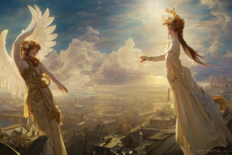 Prompt: a hyperrealistic render of an angelic band over rooftops in the baroque era, outdoor, art by Artgerm and Walter Crane and Seb Mckinnon and Greg Rutkowski and Alphonse Mucha, hearthstone art style, epic fantasty card game art, Beautiful dynamic dramatic moody lighting, shadows, cinematic, Octane, 8K