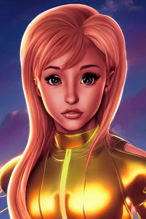 Image similar to Ariana Grande as Samus Aran, golden hour, by greg Rutkowksi, by artgerm