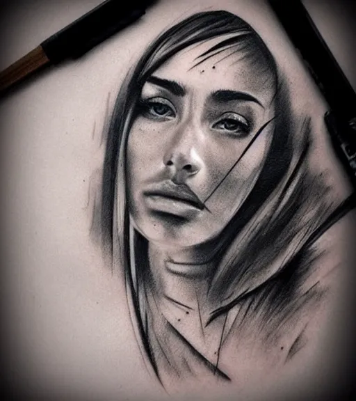Prompt: amazing blend effect of a beautiful woman face next to mighty mountains, tattoo design sketch, hyper - realistic, in the style of matteo pasqualin, amazing detail, black and white