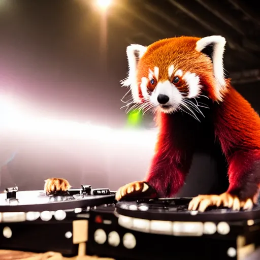 Prompt: photo of a red panda djing at an underground warehouse rave