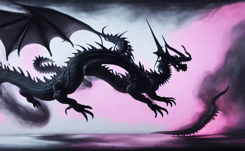 Image similar to a pastel color black dragon, extremely intricate and detailed, painted by francis bacon, adrian ghenie, and james jean. 8 k cinematic lighting, hyper realism