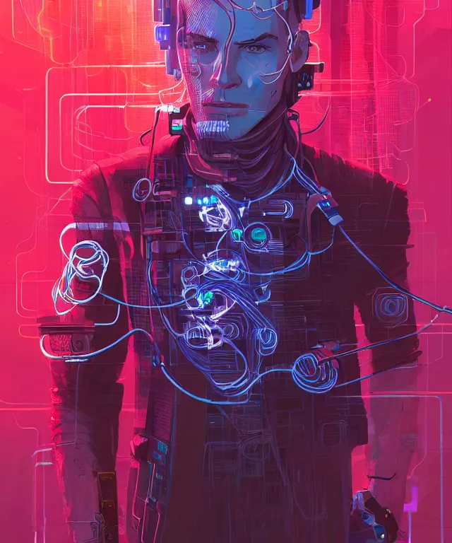 Image similar to a portrait of a male cyberpunk netrunner made of cables, fantasy, elegant, digital painting, artstation, concept art, matte, sharp focus, illustration, art by josan gonzalez