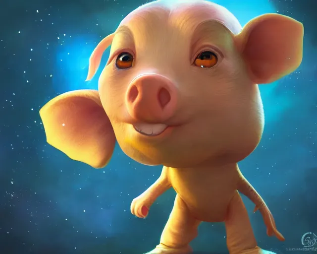 Image similar to 3D Fantasy Cute and adorable space piglet , huge adorable eyes, bright stars, Smooth 3D Illustration, soft render, Servando Lupini, Daniil Kudriavtsev, handpaint texture, Blender, 3DCoat