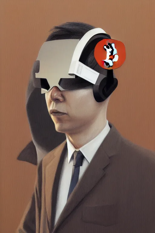 Image similar to satoshi nakamoto wearing oculus and bitcoin over his head edward hopper and james gilleard, zdzislaw beksisnski, higly detailed