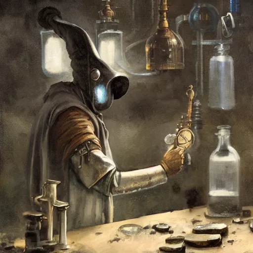 Image similar to medieval fantasy alchemist wearing a plague doctor mask working in laboratory, oil painting, by Greg Rutkowski