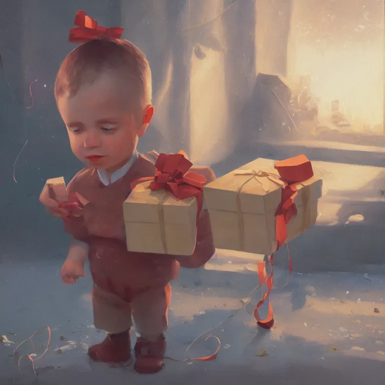 Image similar to a cute boy with a giftbox with bow and ribbon in a painting from stalenhag, 4 k, 8 k, hdr, artstation, concept art