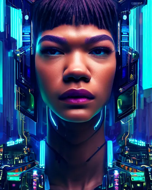 Prompt: portrait of Zendaya as a cyberpunk cyborg. intricate abstract. intricate artwork. by Tooth Wu, wlop, beeple, dan mumford. octane render, trending on artstation, greg rutkowski very coherent symmetrical artwork. cinematic, hyper realism, high detail, octane render, 8k, iridescent accents