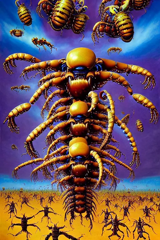 Image similar to a hyperrealistic painting of an epic boss fight against a swarm of alien hornets on a sunny day at the park, cinematic horror by chris cunningham, lisa frank, richard corben, highly detailed, vivid color,