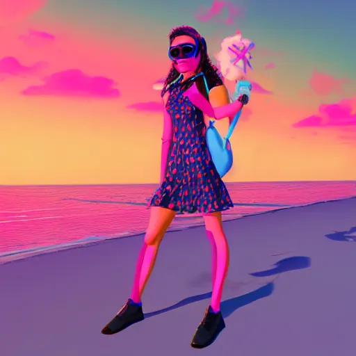 Prompt: fullbody vaporwave art of a fashionable zombie girl at a beach, early 90s cg, 3d render, 80s outrun, by carpenter brut