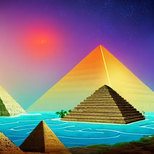 Prompt: ancient pyramids with gardens and waterfalls,digital art,retrowave art,trending on art station