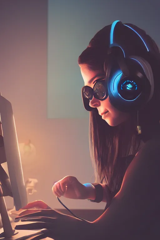 Prompt: gamer girl playing a game on her computer, portrait shot of her face lit up by the monitor, wearing gaming headset, hyperrealistic, trending on artstation, intricate detail, dark atmosphere, dynamic lighting