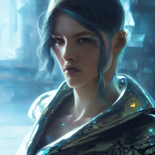 Prompt: close up portrait of a cyberpunk female wearing shiny metallic armor, subsurface scattering, artistic, ice palace background, fantasy atmosphere. art by artgerm, greg rutkowski and alphonse mucha, 3 d artstation octane render,