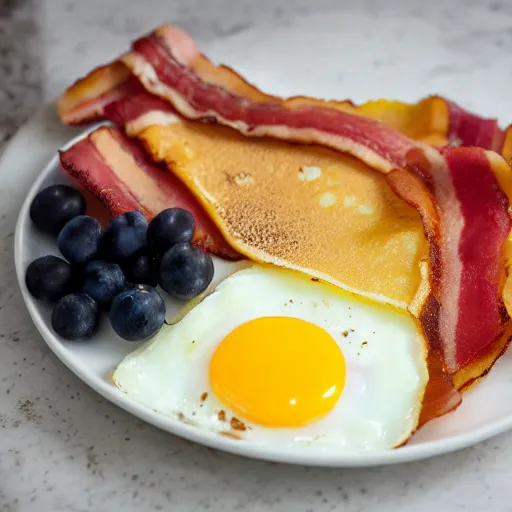 Prompt: pancake, eggs, bacon breakfast shaped like a dog, food photography, high definition, focus