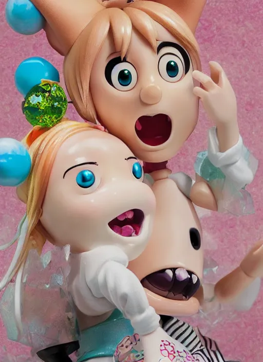 Prompt: a hyperrealistic lowbrow oil panting of a looney kawaii vocaloid figurine caricature with a big dumb goofy grin and pretty sparkling anime eyes featured on Wallace and Gromit by jack davis