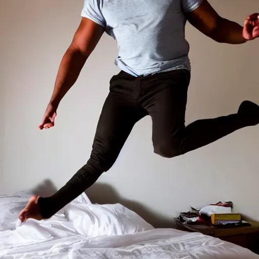 Image similar to a man jumping on the bed and breaking it