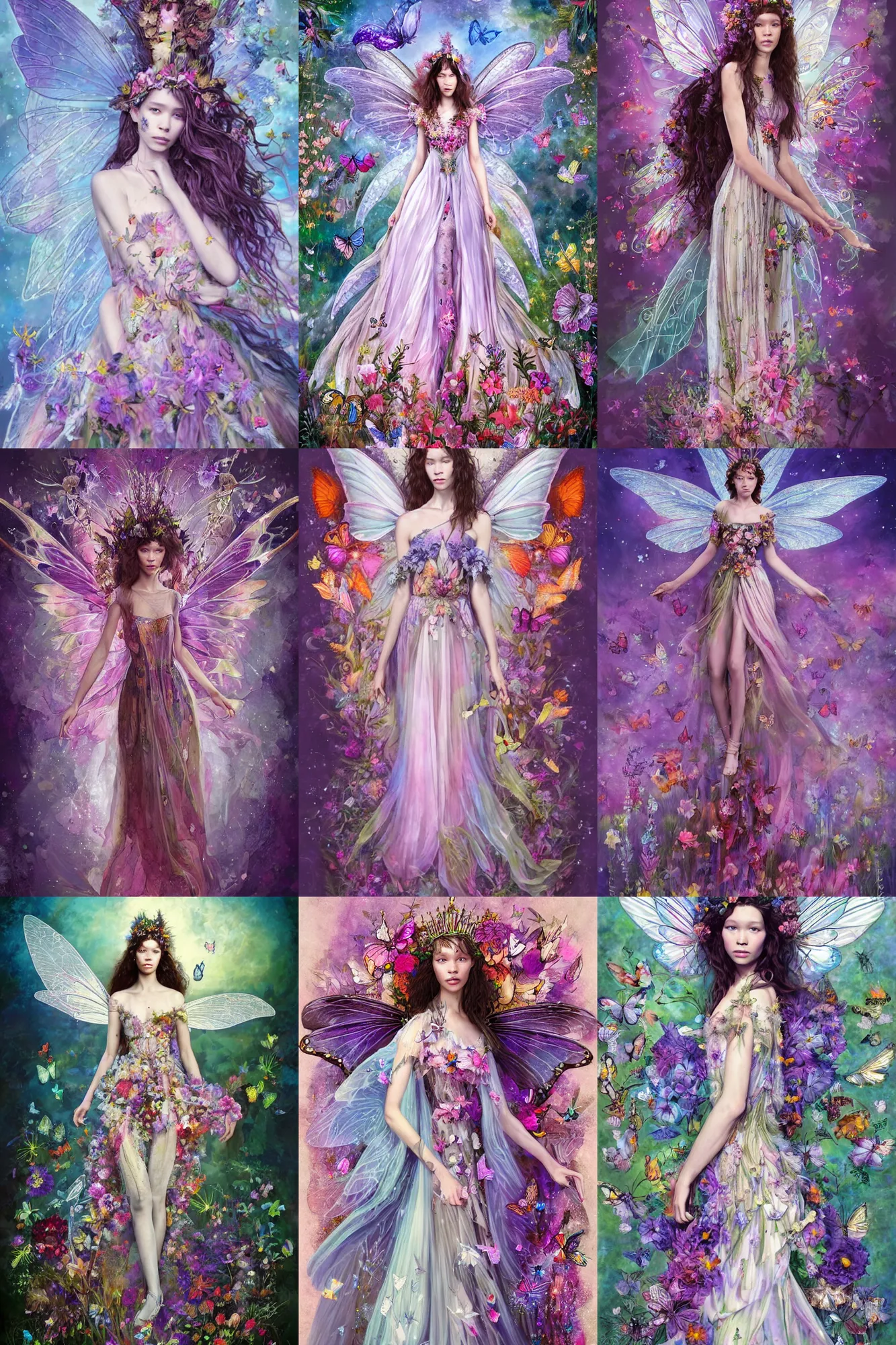 Prompt: masterwork full body portrait of astrid berges frisbey as a fairy queen. digital illustration. wearing a dress made out of flowers and butterflies. she is fading into space. trending on art station, fluid, dreamy, ethereal, vivid colours. sharp focus. wow! in the style of anne stokes