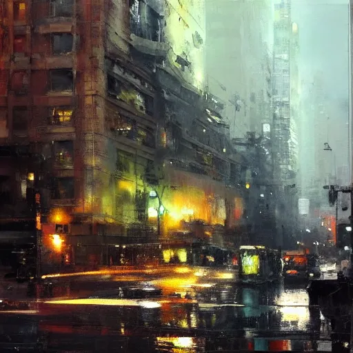 Image similar to cityscape painted by jeremy mann, street - level, dripping oil paint, highly detailed, high resolution