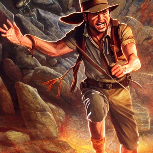 Image similar to Indiana Jones being chased by a boulder trap underground, boulder chase, inside ancient stone temple background, Indiana Jones running away from big round stone, raiders of the lost ark, detailed background, anime key visual