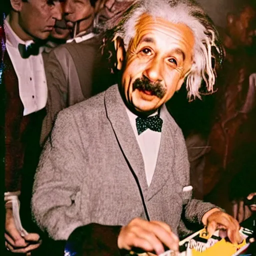 Prompt: color photograph of serious Albert Einstein DJ at a nightclub, in color, color photograph, colors