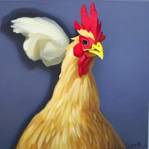 Prompt: oil painting of a chicken wearing a maid dress