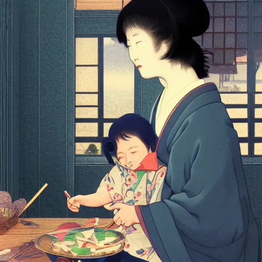 Image similar to very woman feeding crayons to a child, in the style of kawase hasui james jean, artstation trending, 8 k, 3 d render, photorealistic, volumetric lighting caustics, black and white, detailed af