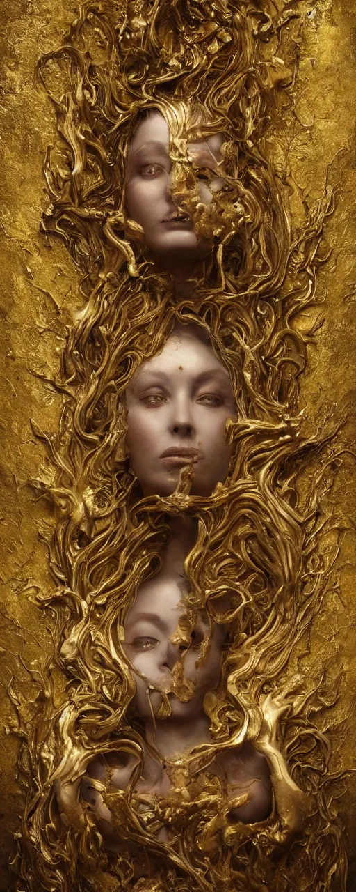 Image similar to portrait of a surreal goddess floating in the middle of a ancient wood, gold fluid simulation in the background, ultra super good realistic 3D render by Pete Morbacher and Emil Melmoth, insanely detailed, trending on artstation, sharp focus